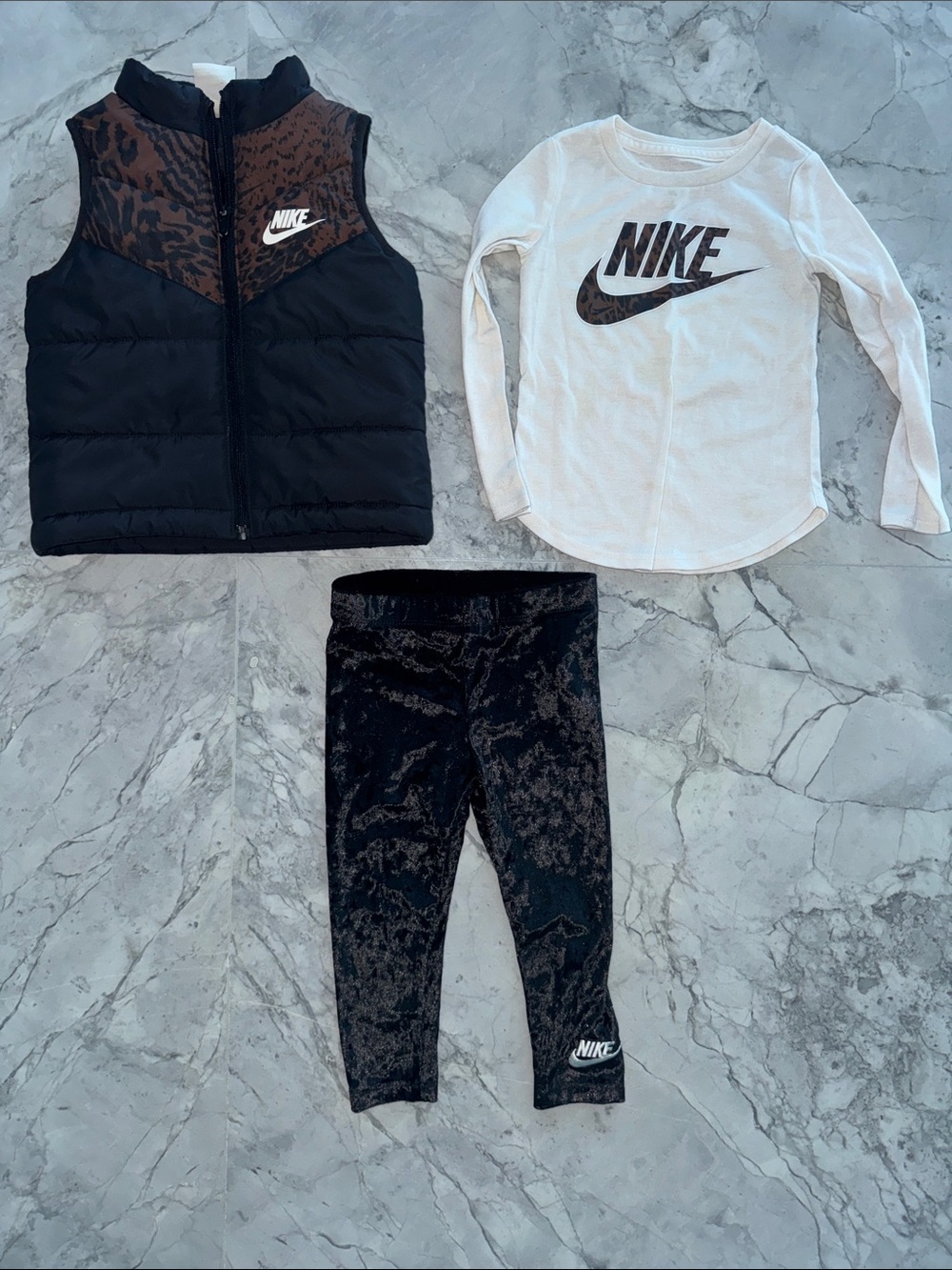 Nike Girls Black Vest, White Tee & Black Velvet Leggings with Leopard Print